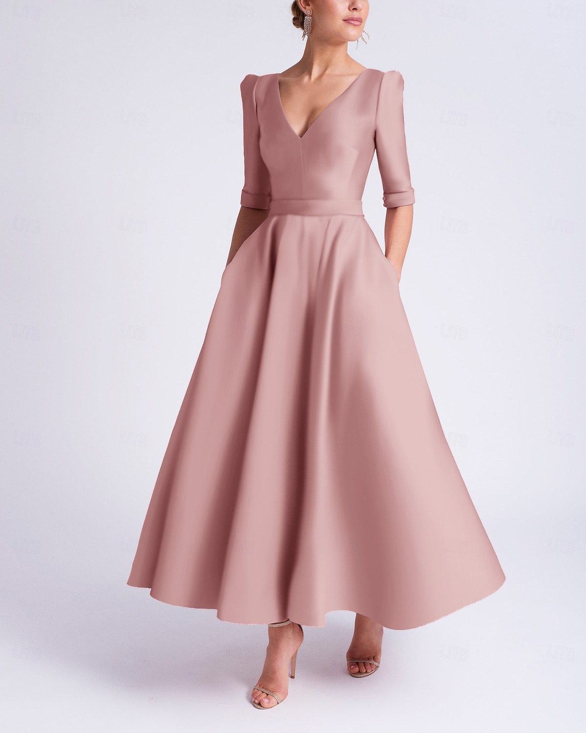 Krój A Lekko nad kolana Sukienka koktajlowa Sukienki imprezowe Elegancja Rękaw 1/2 W serek Formalny Gość weselny Satyna z Kieszeń 2026 - $120.99 –P3