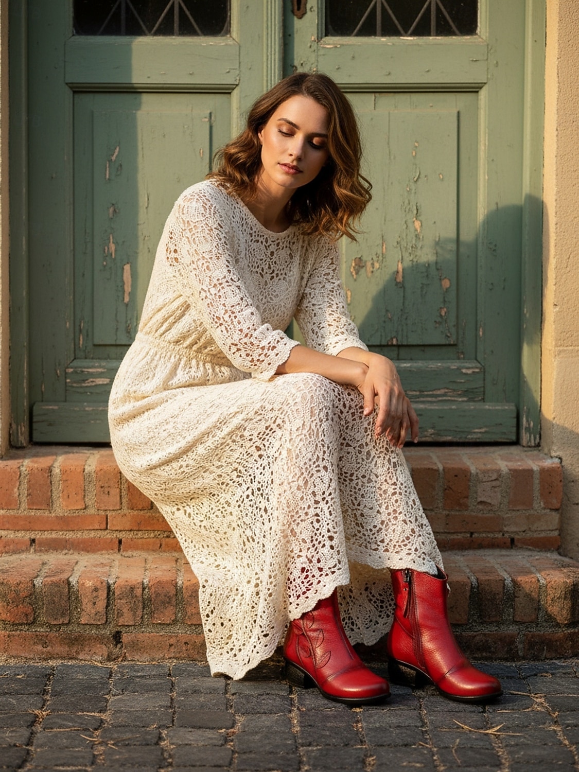 حذاء نسائي من الجلد الأحمر بكعب متوسط وتطريز زهور - حذاء قصير كلاسيكي بكعب متوسط للملابس الكاجوال والأنيقة 2026 - $64.99 –P2