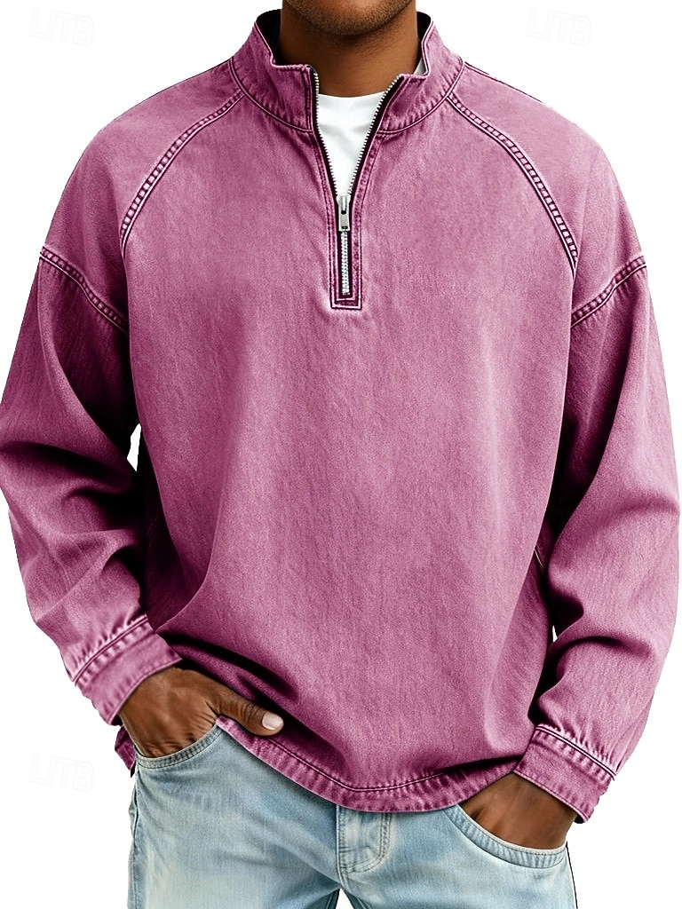 Herren Hemd aus 100 % Baumwolle in Säurewaschung T-Shirt Langarm Stehkragen Frühling Herbst Herbst Winter Einfach Vintage Streetwear Lässig Reißverschluss Basic Lässig Heim Straße Schwarz Rosa 2026 - $31.99 –P2