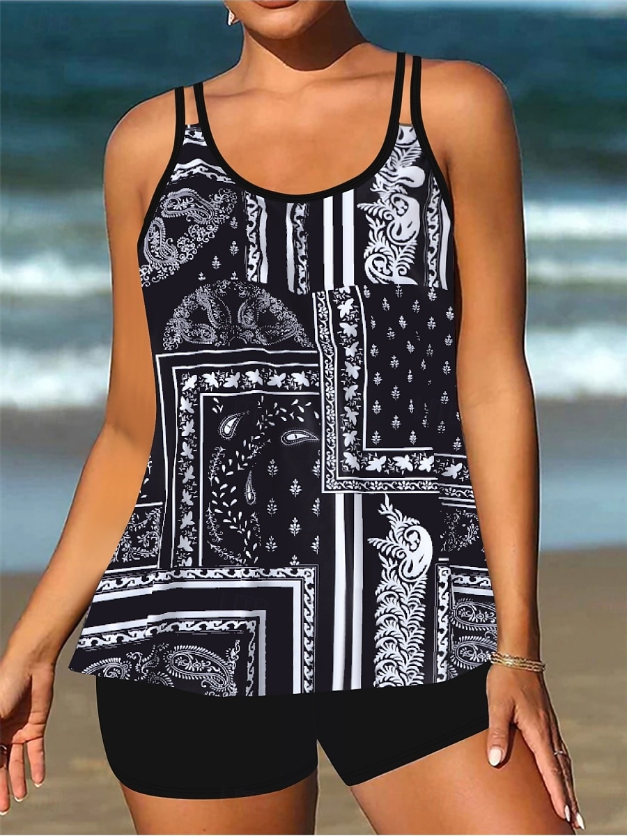 بدلة سباحة نسائية تانكيني قطعتين شورتات تحكم في البطن عالية الخصر نحيف بدون ظهر ملابس شاطئ إجازة مزينة بأنماط بيزلي برقبة على شكل حرف U بدون أكمام 2026 - $33.99 –P2