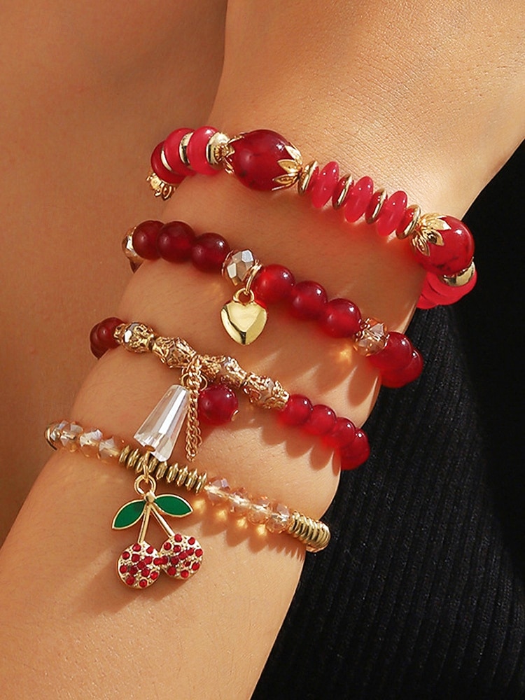 Женский рождественский браслет из бусин с вишневой тематикой, красный и золотой, идеальный подарок на праздник 2026 - $9.99 –P4