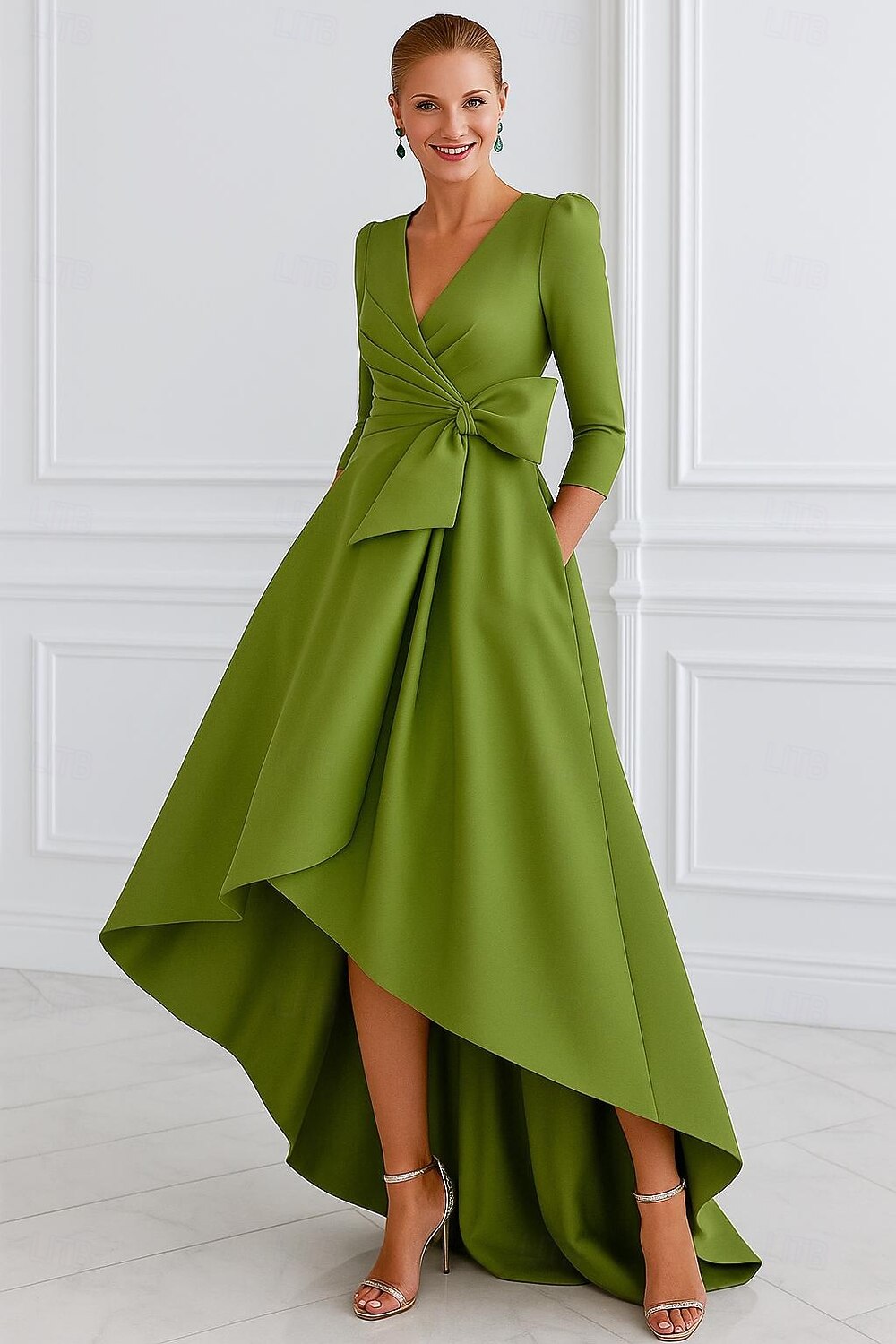 A-Line Asymmetrical Ball Gown with Cape Evening Gown Formal Dress Elegant Long Sleeve V Neck Formal Wedding Pocket Satin with Pleats Pocket 2025 - $134.99 –P1