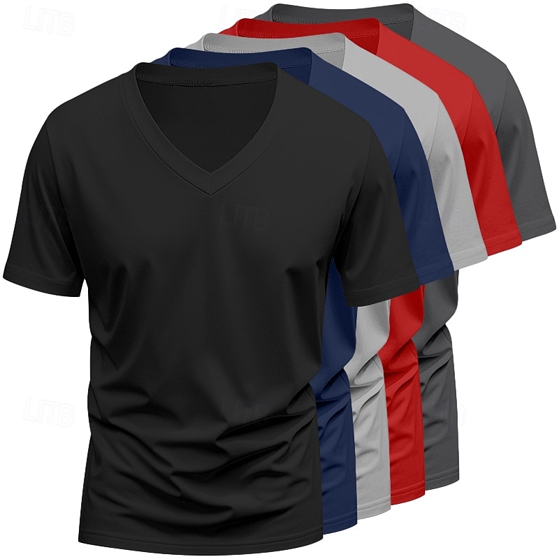 5-częściowy męski T-shirt z krótkim rękawem, dekolt w serek, letni, na każdą porę roku, jednolity kolor, prosty, codzienny, 5-częściowy zestaw, wakacyjny, casualowy, biały, top, męski 2026 - $59.99 –P4