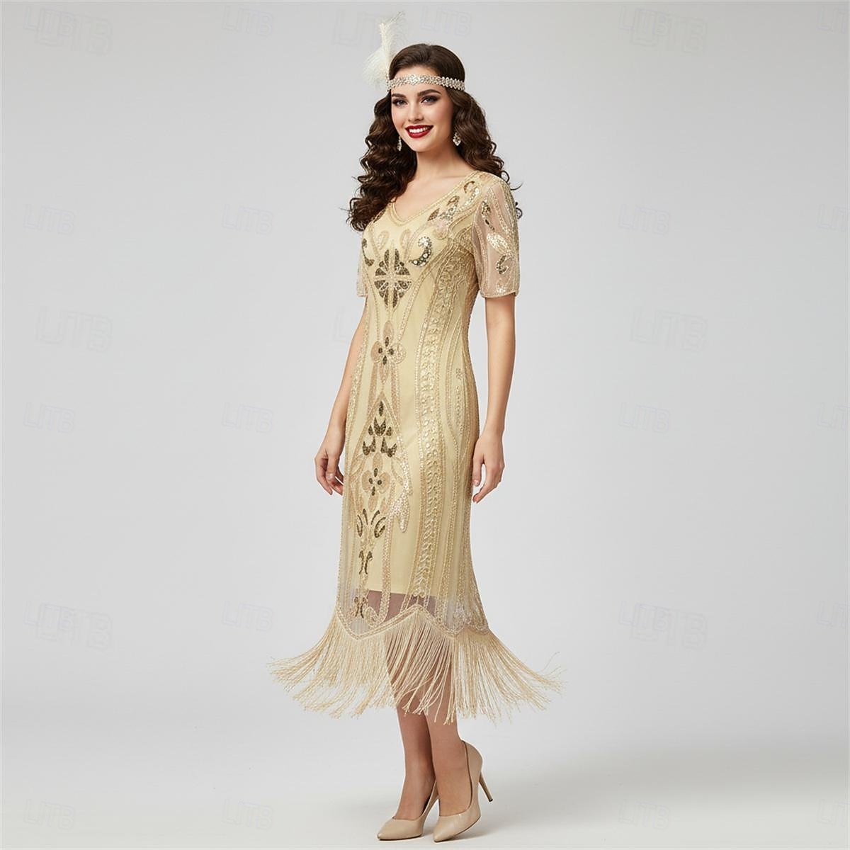 Loucos anos 20 Anos 20 Até os Joelhos Comprimento Curto Vestido melindroso Ilusão Mangas curtas O Grande Gatsby Convidado do casamento Paetês Lantejoula Decote V Fantasia Mulheres Carnaval Baile de de 2026 por $43.99 –P13