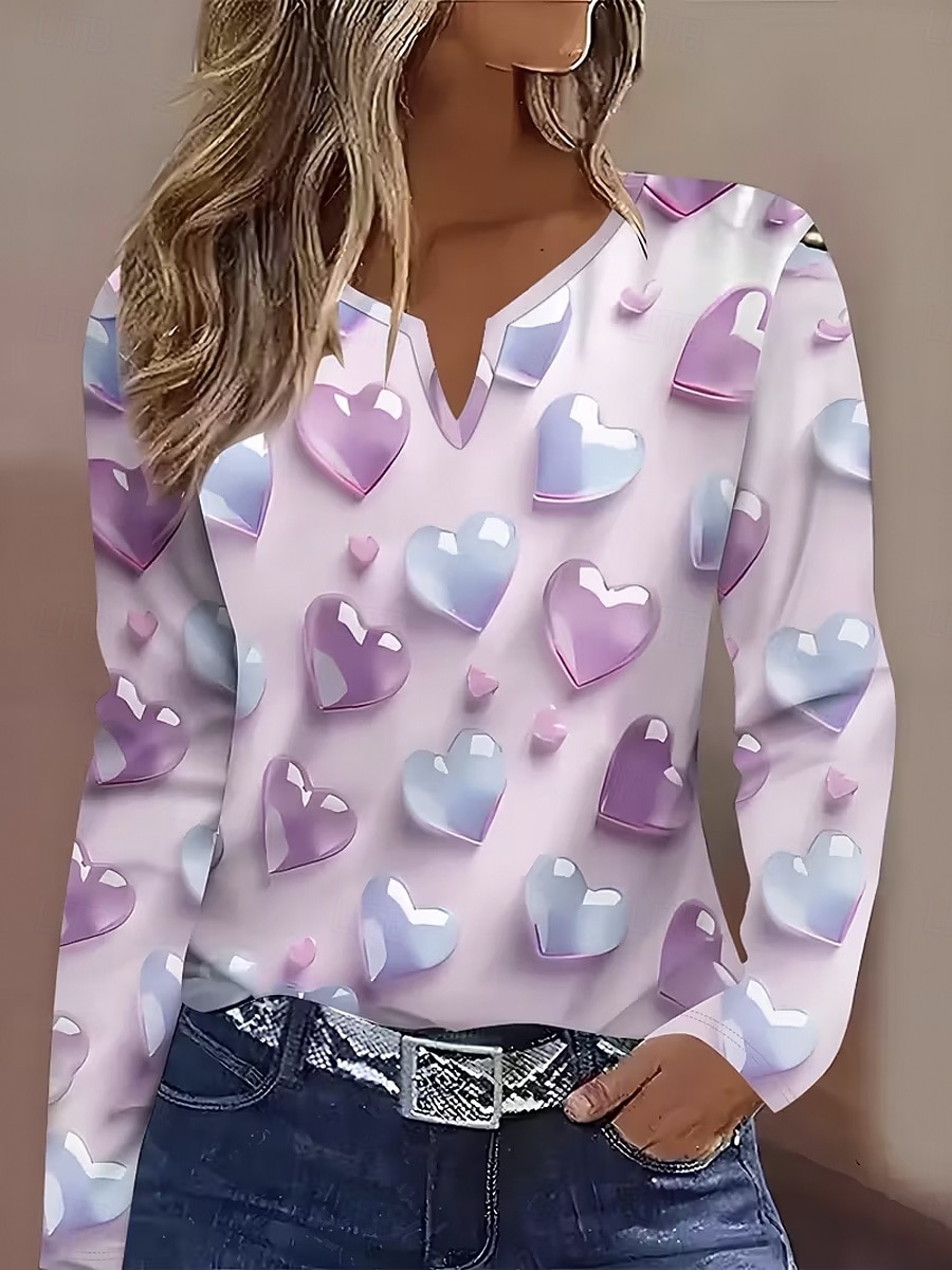 Γυναικεία Μπλουζάκι Στάμπα Καρδιά Γραφική Βίντατζ Στυλάτο Κλασσικό Μακρυμάνικο Λαιμόκοψη V Λαιμός με εγκοπή Κανονικά μπλουζάκια Καθημερινά Θαλασσί Ανθισμένο Ροζ Βυσσινί Καλοκαίρι Άνοιξη Φθινόπωρο 2026 - $24.99 –P3