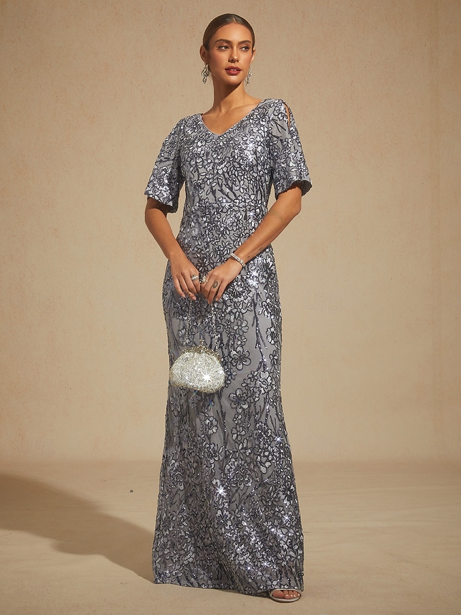 Per donna Abito maxi Tubino Abito a sirena Elegante Spalle scoperte Festa serale Paillettes Pizzo Ricamato Vestibilità regolare Floreale Mezza Manica Scollo a V Grigio del 2026 a $208.19 –P9