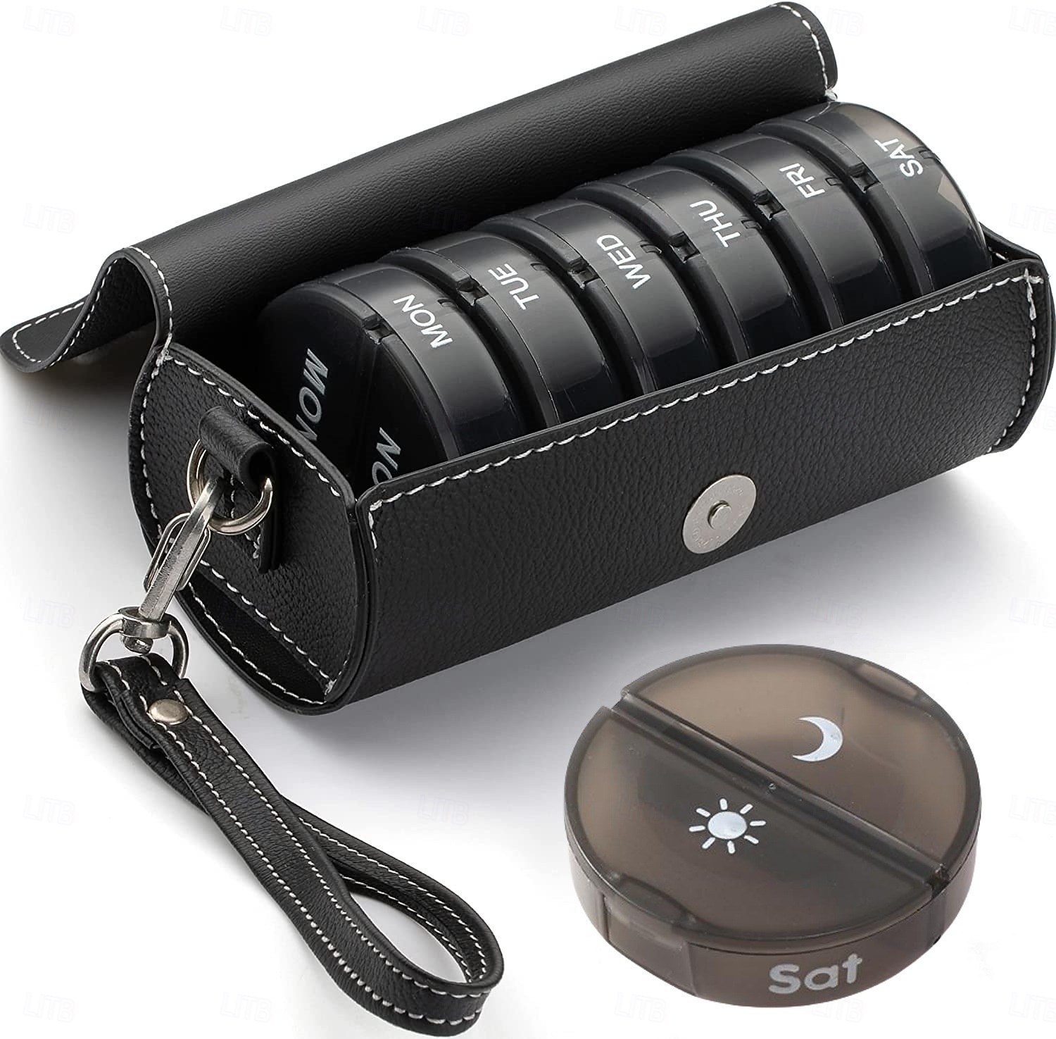 Organizador de comprimidos semanal para 2 doses diárias com estojo em couro PU, caixa organizadora de comprimidos para 7 dias, ideal para viagens - dispensador portátil de comprimidos AM/PM para de 2026 por $22.99 –P1