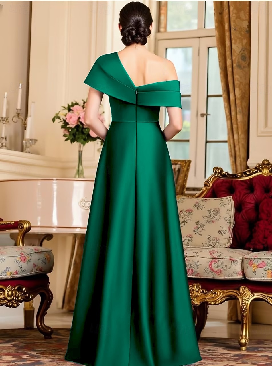 A-Linie Bodenlang Knöchellänge Partykleid Cocktailkleid Kurzarm Schulterfrei Elegant Minimalistisch Formell Hochzeitsgast Satin Brautmutterkleid mit Einfarbig 2025 - $134.99 –P3