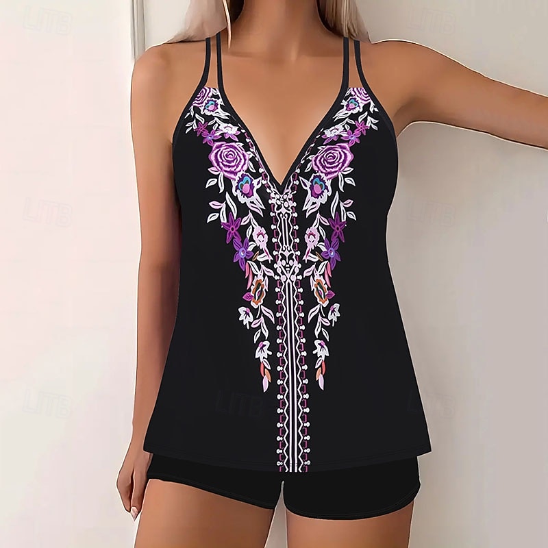 Жен. Купальники 2 шт. Шорты купальник Открытая спина Отпуск Одежда для пляжа Цветочный принт Графика V-образный вырез Без рукавов Купальники 2026 - $26.99 –P1