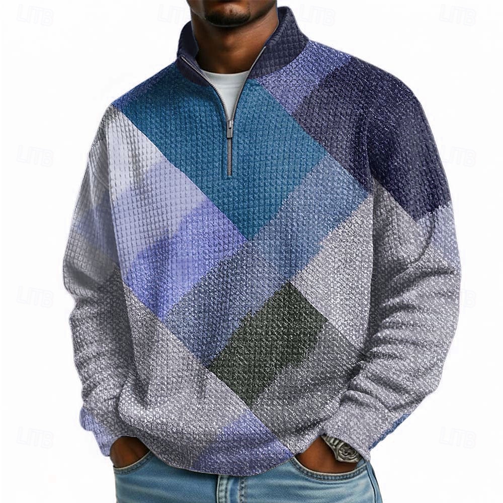 Homme Géométrique Plaid Gauffré Sweatshirt Mode Quotidien Classique Occasionnel Col montant Zip quart Extérieur Maison Bureau Travail Bleu Violet Vert Kaki Zip Up Automne Hiver Designer S M L XL XXL de 2026 ? $28.99 –P2