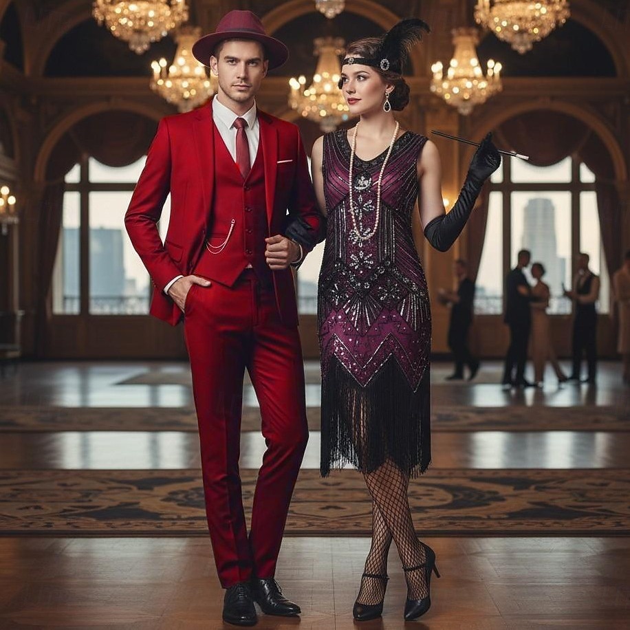 Retro Vintage Roaring 20s 1920s Flapper Dress Suits & Blazers Couples Costumes The Great Gatsby Gentleman Solid Color Fancy Dress Men's Women's Halloween Carnival Masquerade Party / Cocktail Fancy 2026 - $77.99 –P1