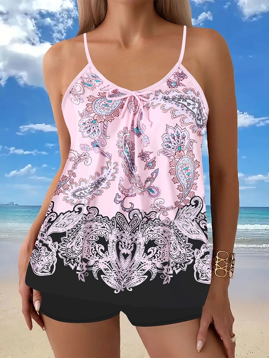 Kvinnors tankini 2-delad baddräkt Boho shorts mage kontroll hög midja smal rygglös semester strandkläder paisley U-hals ärmlösa baddräkter 2026 - $33.99 –P11