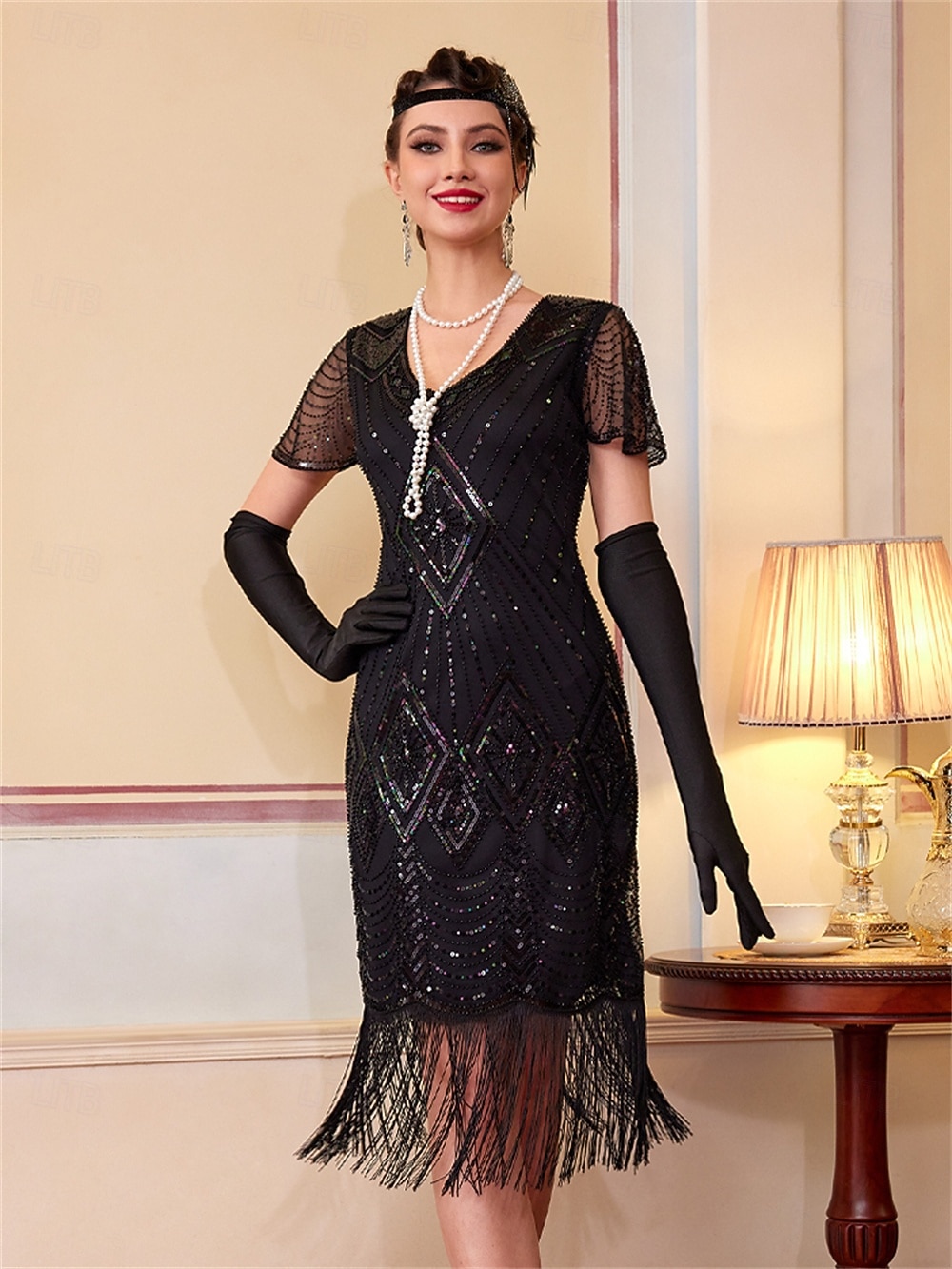 Roaring 20s 1920s Knee Length Flapper Dress Short Sleeves The Great Gatsby Sequins Fringe V Neck Fancy Dress Women's Christmas Carnival speakeasy Masquerade Retro Theme Party Adults' Dress 2026 - $57.99 –P6