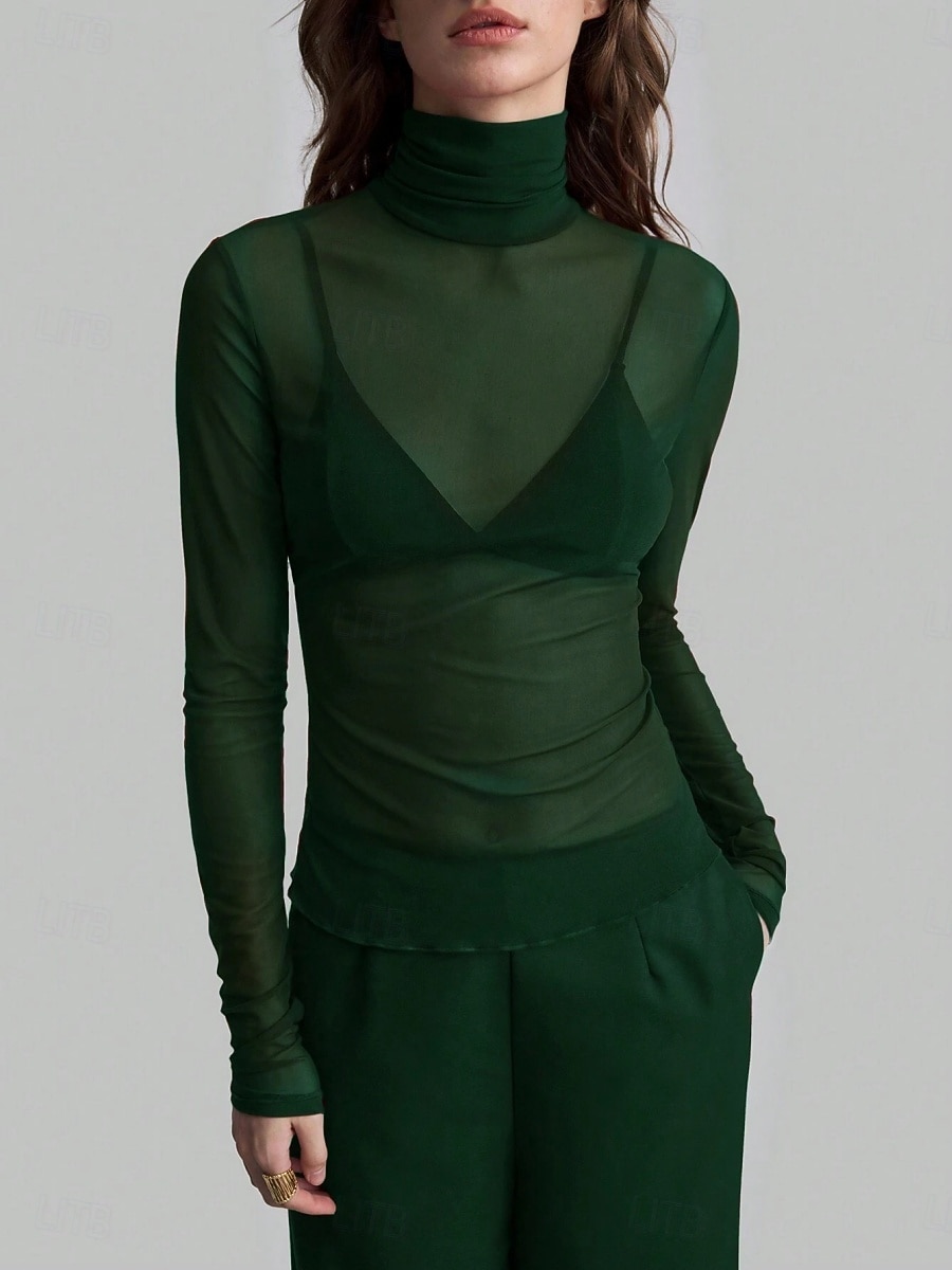 Dames Blouse Lapwerk Netstof Effen Kleur Elegant Stijlvol Basic Lange mouw Coltrui Normale tops Dagelijks Grijs-Groen Zwart Wijn Marineblauw Bruin Zomer Lente Herfst 2026 - $21.99 –P9