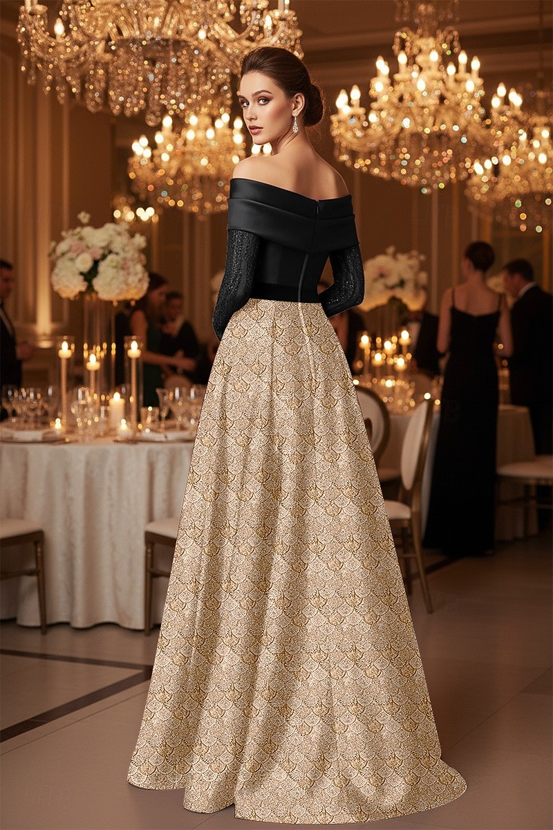 Robe de soirée A-Line noir et or à motif en écaille robe formelle élégante mariage formel longueur de sol sans manches épaules dénudées satin avec appliqué en dentelle perlé et plis fente de 2025 ? $164.99 –P3