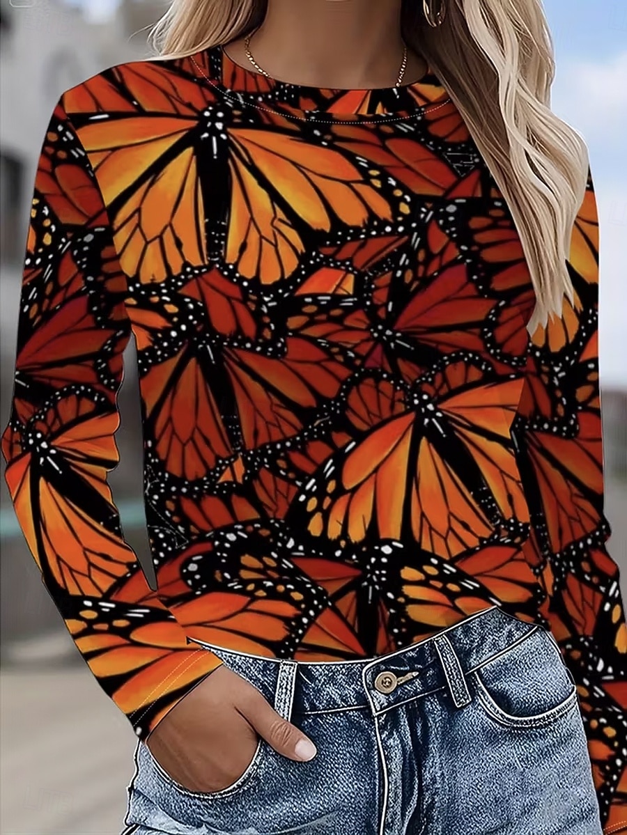 Dam T-shirt Mönster Grafisk Fjäril Vintage Mode Stylish Långärmad Rund hals Vanliga toppar Dagligen Helgen Blå Purpur Orange Grön Sommar Vår Höst 2026 - $24.99 –P1