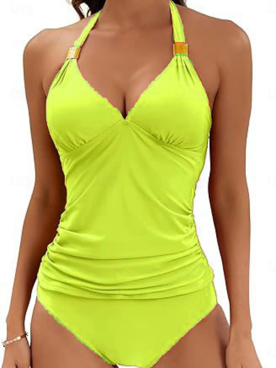 Купальник для женщин цельный с эффектом похудения рюшами сексуальный с вырезом монокини контролем живота высокой талией стройный без спинки для отдыха на пляже однотонный цвет с завязками на шее без 2026 - $27.99 –P12