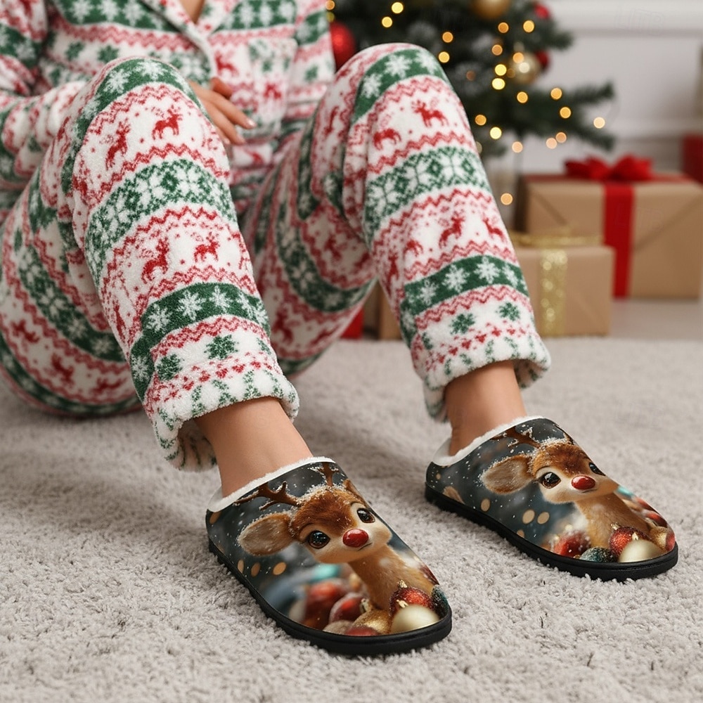 Pantufas femininas de Natal com estampa de rena - pantufas macias de pelúcia para uso interno no inverno, com um adorável desenho de rena, calçado quente de lã para a temporada de festas e ótimos de 2025 por $29.99 –P2