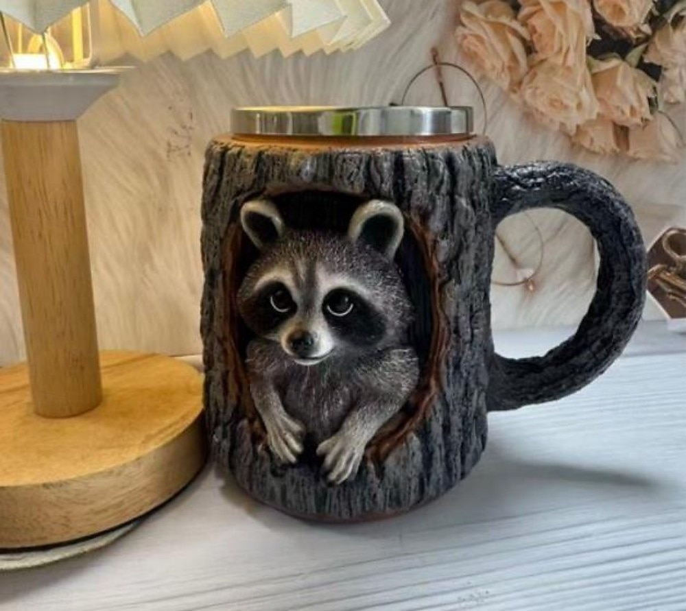 Кружка ручной работы с изображением енота, кофейная чашка из смолы с 3D-животным, креативная кружка с дизайном пня из лесного дерева, подарочная чашка с милым лесным енотом для домашнего офиса, 2026 - $25.99 –P5