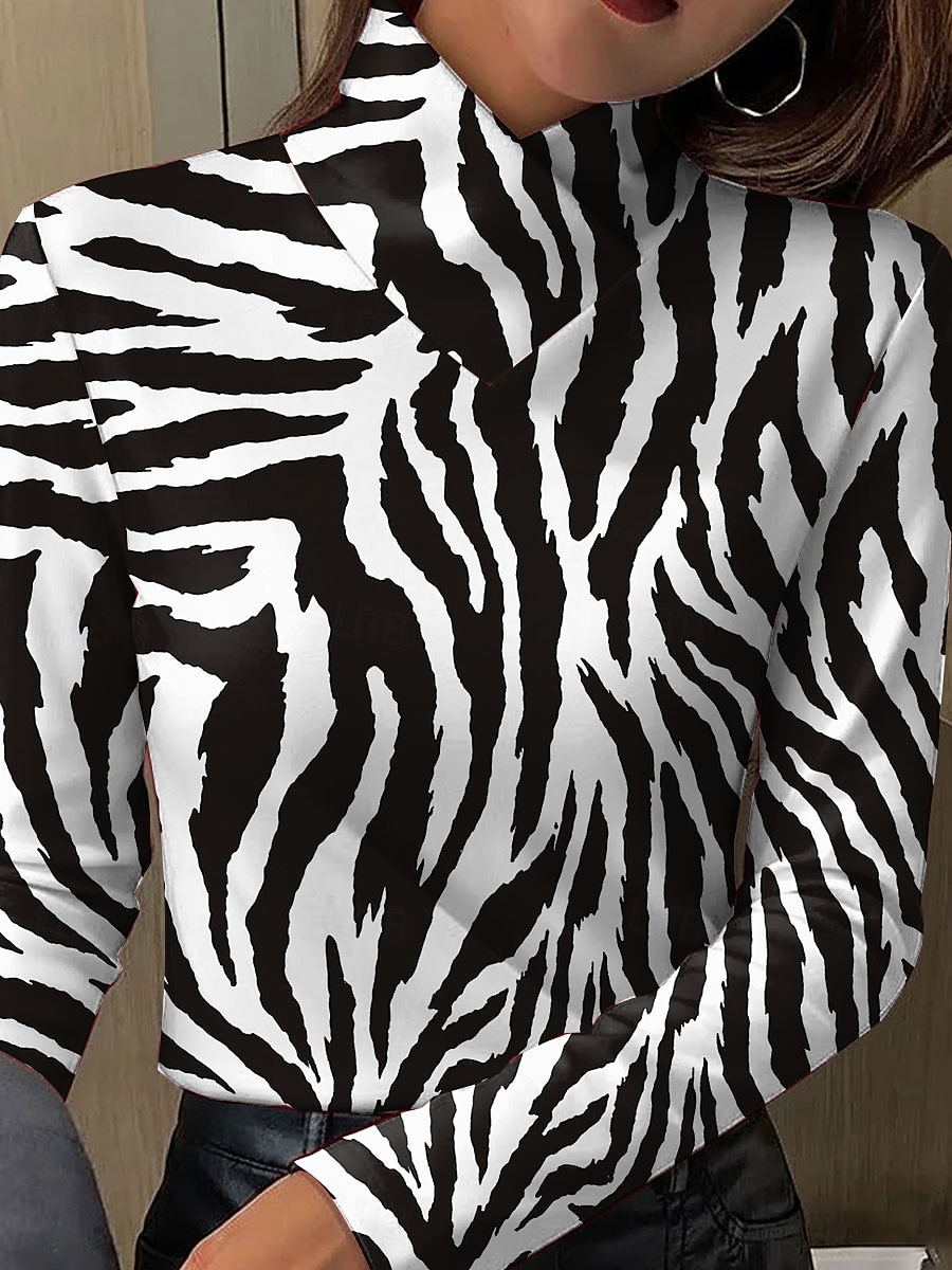 2026年 女性用 Tシャツ プリント グラフィック 幾何学模様 ゼブラ柄 エレガント ヴィンテージ スタイリッシュ 長袖 タートルネック ハイネック レギュラートップス 日常 ブラック グリーン ベージュ 春 秋 冬  コレクション – $25.99 –P1