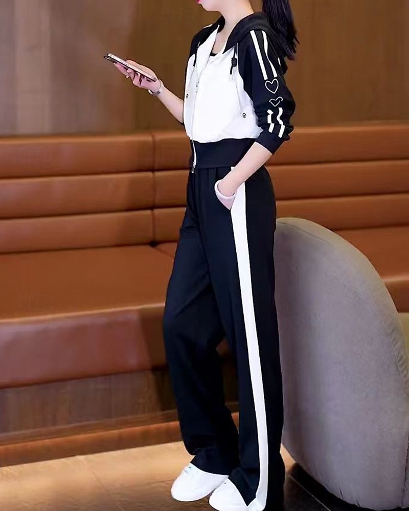 نسائي سويت شيرت بسحاب بنطلون واسع الساق بدلة رياضية من قطعتين رباط ألوان متناوبة أطقم ملابس رياضية الخريف أسود أبيض المشي لمسافات طويلة مهنة ركض كم طويل رياضة ألبسة رياضية مرن نسبياً عادي 2026 - $39.99 –P14