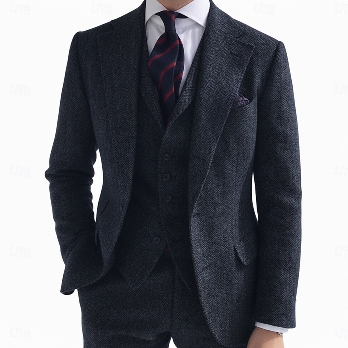 Men's Business Casual Tweed Suits Notch Lapel Black Light Grey Business Formal Herringbone Tailored Fit 3 Piece Single Breasted Two-buttons 2025 - $149.99 –P1