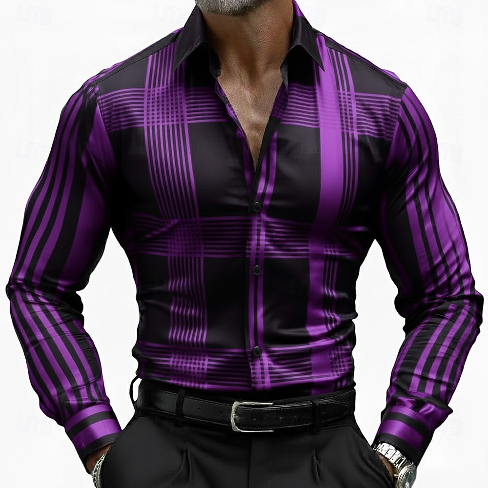Hombre Geométrico A Rayas Cuadrícula / Cuadros Camisa Camisa de raso Camisa para Vestido Manga Larga Informal de negocios Vacaciones Uso Diario Verano Primavera Otoño Cuello Vuelto Impresión 3D 2026 - $29.99 –P4