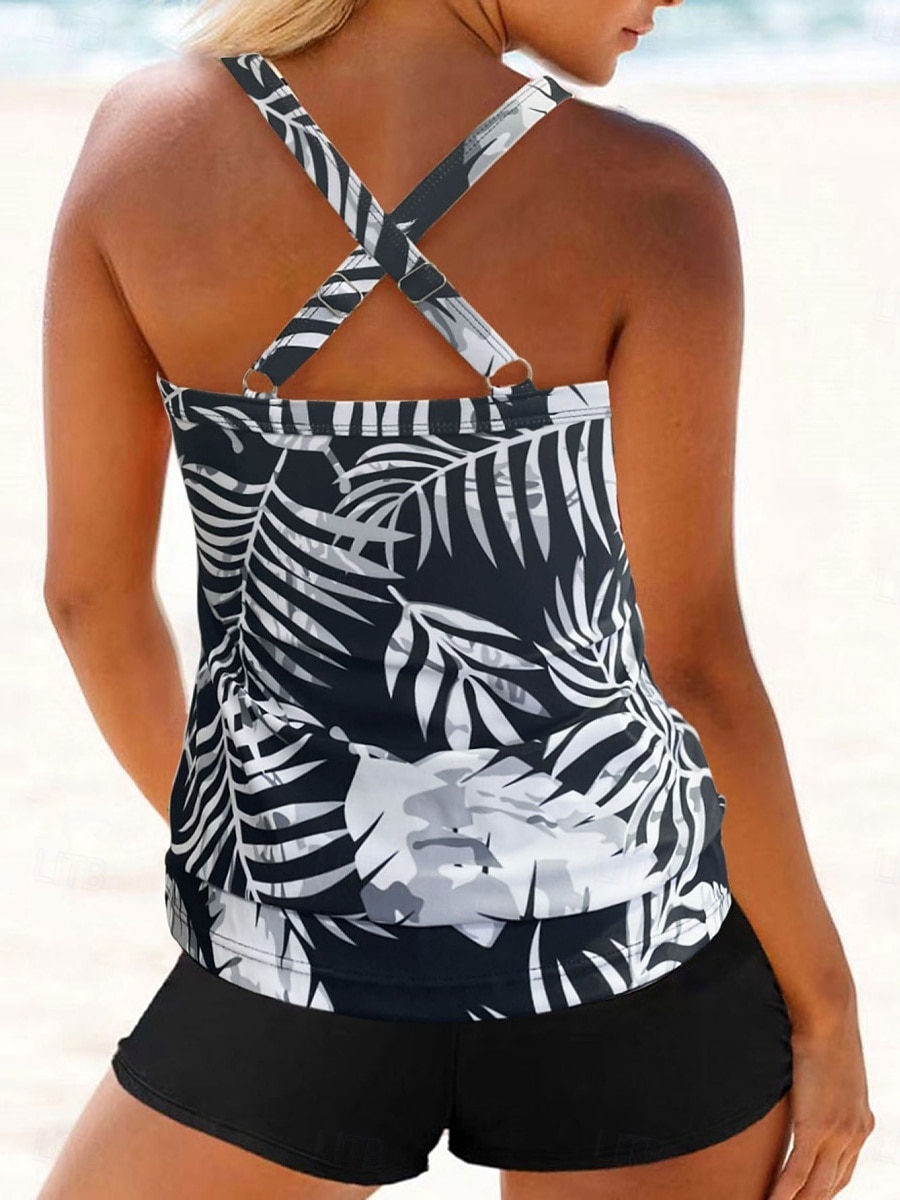 Costume da bagno tankini da donna 2 pezzi pantaloni corti palma controllo pancia vita alta slinguato senza schiena vacanza in spiaggia scollatura a giro floreale senza maniche del 2026 a $25.99 –P3