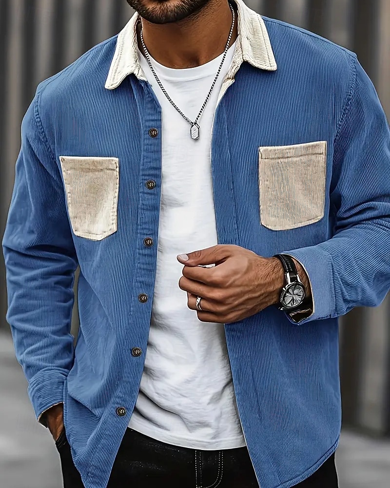 Per uomo Camicia Camicia casual Camicia di Velluto a Coste Camicia con Bottoni Blu Nero Verde militare Grigio Manica Lunga Blocco di colori Collo ripiegato Vacanza Casuale Tasche Multiple del 2026 a $25.99 –P5