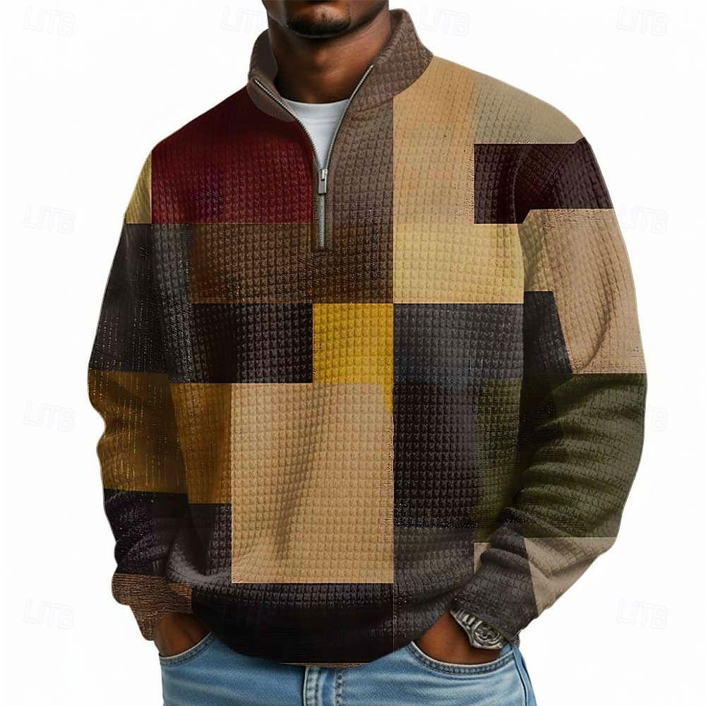 Pánské Geometrický Pléd Vaflová Mikina Módní Denní Klasické Na běžné nošení Stojáček Čtvrtletní zip Venkovní Domů Kancelář Práce Vodní modrá Hnědá Trávová zelená Šedá Zapni Podzim Zima Návrhář S M L 2026 - $28.99 –P1