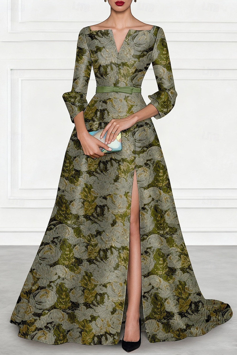 Floral Jacquard Brocede A-Line Evening Gown Elegant Formal Dress Formal  Wedding Floor Length 3/4 Length Sleeve V Neck Nylon with Bow(s) Slit 2026 -  195.99