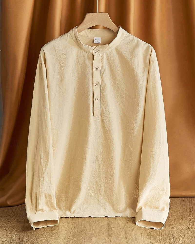 Per uomo Camicia Camicia di lino Camicia popover Camicia casual Camicia di cotone Semplice Vacanza Camicia hawaiana Nero Bianco Cachi Verde militare Manica Lunga Colletto alla coreana Primavera del 2025 a $24.99 –P2