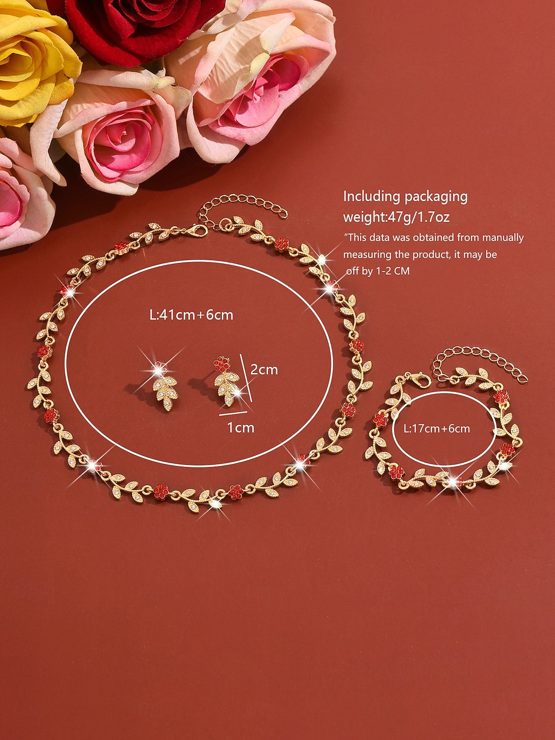 kvinners gullblad &rødt krystallsmykkesett - delikat halskjede, dråpeøreringer &matchende armbånd, romantisk blomstertilbehør til fester, bryllup &spesielle arrangementer 2026 - $19.99 –P1