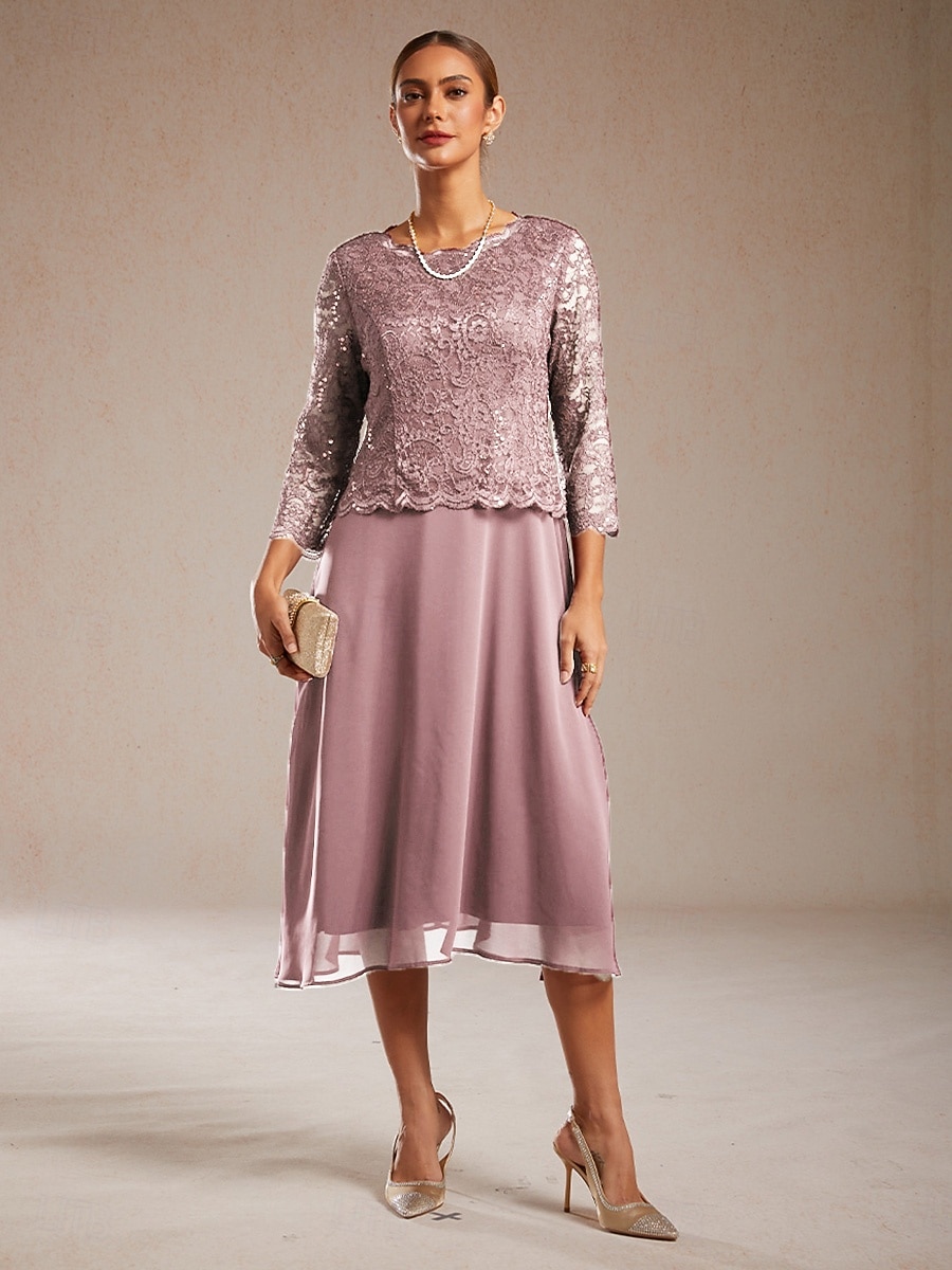 Női Midi ruha Sifon ruhák Elegáns Estély Esküvői vendég Flitter Csipke Normál Tömör szín Háromnegyedes Terített nyak Arcpír rózsaszín 2026 - $135.99 –P7