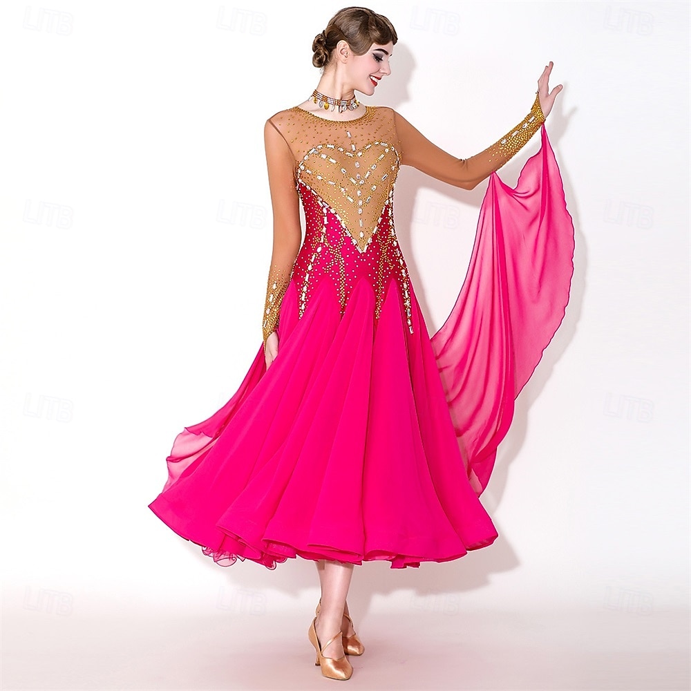 Women's Elegant Fuchsia & Gold Ballroom Dance Dress Rhinestone Embellished Waltz Tango Modern Rumba Competition Performance Gown 2026 - $529.99 –P2