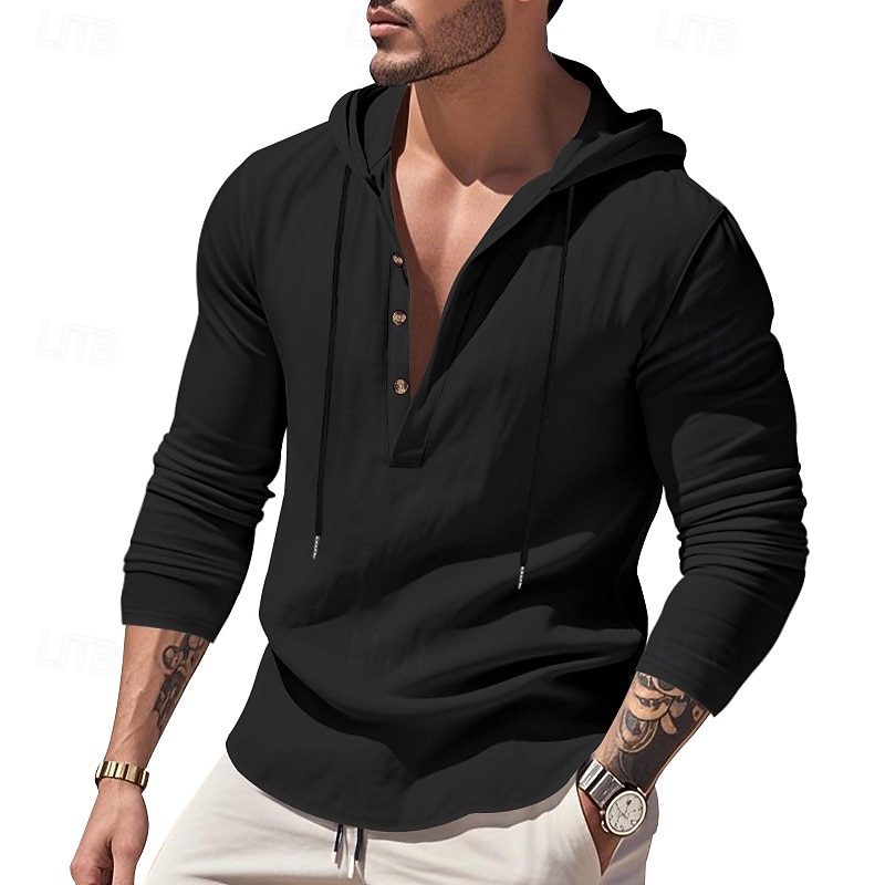 Men's Shirt Popover Shirt Summer Shirt Casual Shirt Beach Shirt Black White Yellow Navy Blue khaki Long Sleeve Solid Color Hooded Vacation Casual Drawstring Clothing Apparel Fashion Casual Comfortable 2026 - $28.99 –P26