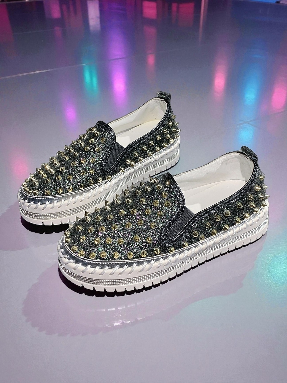 Dames instapsneakers met glitter en studs - glinsterende platformschoenen met strass-versiering voor uitgaansgelegenheden, feesten en clubwear &feestelijke outfits 2026 - $32.99 –P3