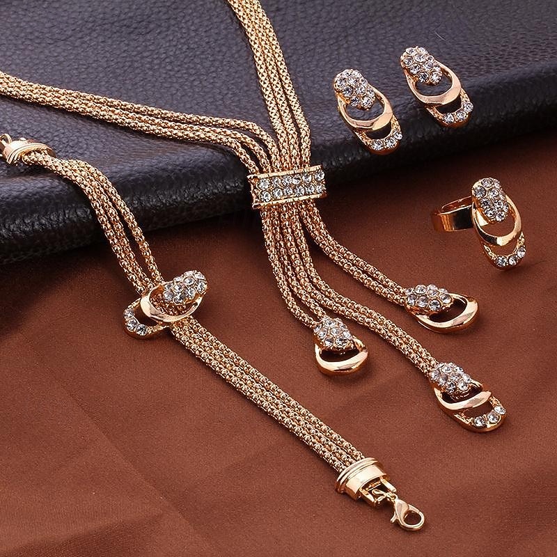 Goldfarbenes Kristallschmuckset für Damen – elegante, mehrreihige Halskette, Ohrringe, Armband und Ring für Hochzeiten, Abendveranstaltungen und formelle Anlässe 2026 - $11.99 –P4