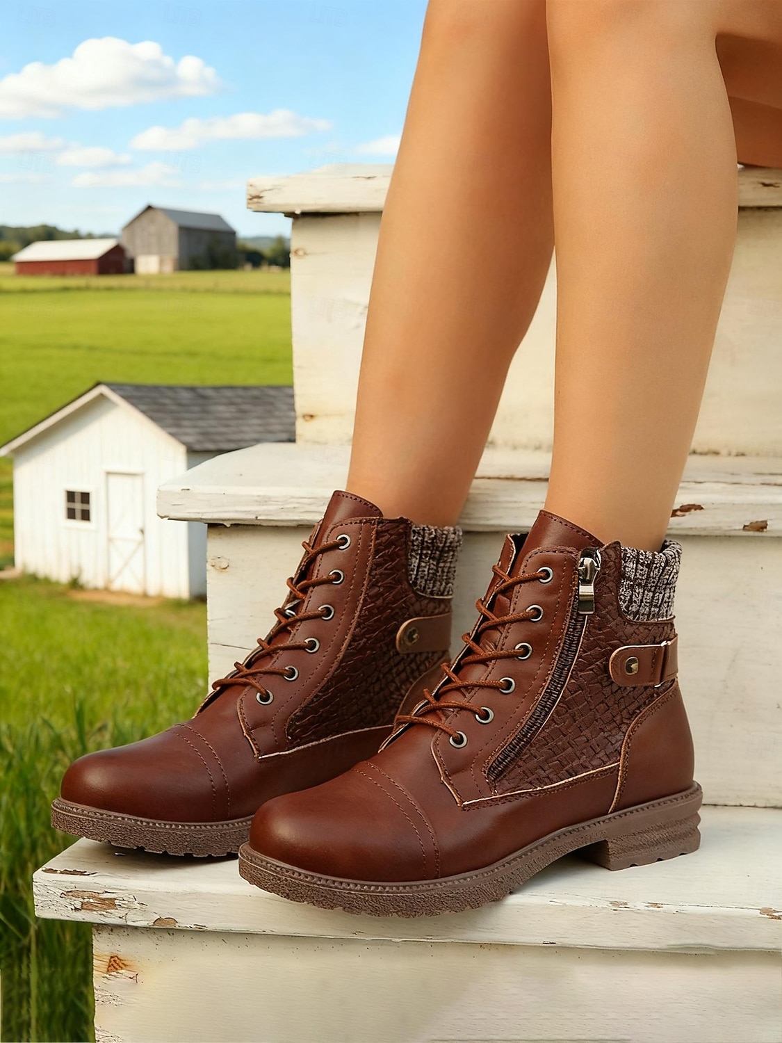 Botines marrones de mujer con cordones y detalles de punto – botas elegantes y duraderas para paseos al aire libre, trabajo y salidas informales. 2026 - $46.99 –P3