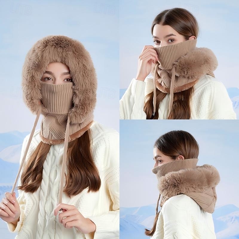 3-in-1 pipo, kaulanlämmitin, kasvosuojus, lämmin fleecevuorilla varustettu neulottu korvasuoja, naisille, ulkokäyttöön, kylmään säähän, viihtyisä, kokopäähine hiihtoon ja pyöräilyyn 2026 - $21.99 –P2