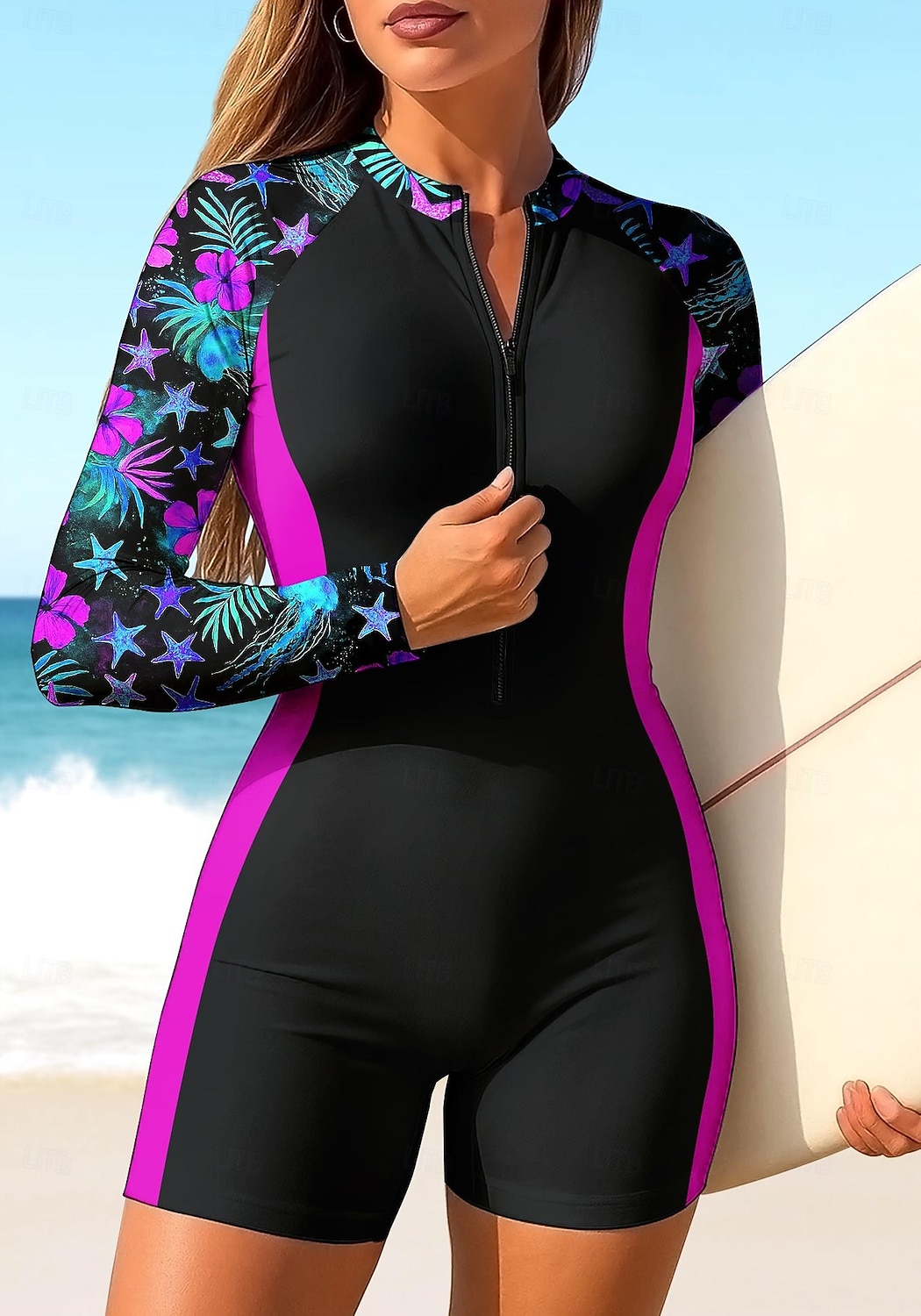 Damskie Średnie Standardowy Docieplacze Jednoczęściowy strój do surfingu Strój kąpielowy Kwiaty Kwiatowy Tropikalny Zapiąć na zamek błyskawiczny z wbudowanym biustonoszem Wyjmowane wkładki Ochrona 2026 - $35.99 –P4