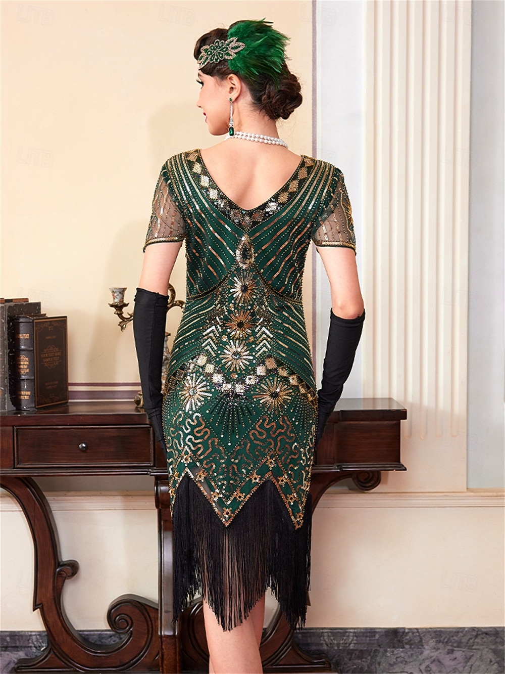 emerald green great gatsby dress ZAPAKA Women's Great Gatsby Dress Beaded Fringed Dark Green 1920s Flapper Dress, Dark Green / S