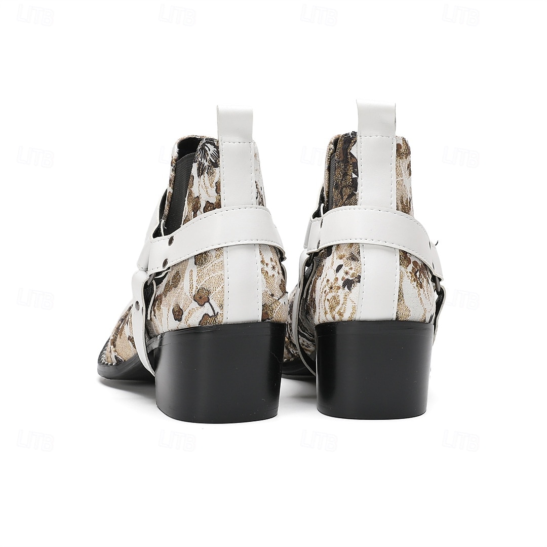 Miesten kukkakuvioiset valkoiset nahkaiset nilkkurit - muodikas solkiyksityiskohta rohkealla kukkakuviolla, täydellinen katutyyliin ja rennoille tilaisuuksille 2025 - $139.99 –P7