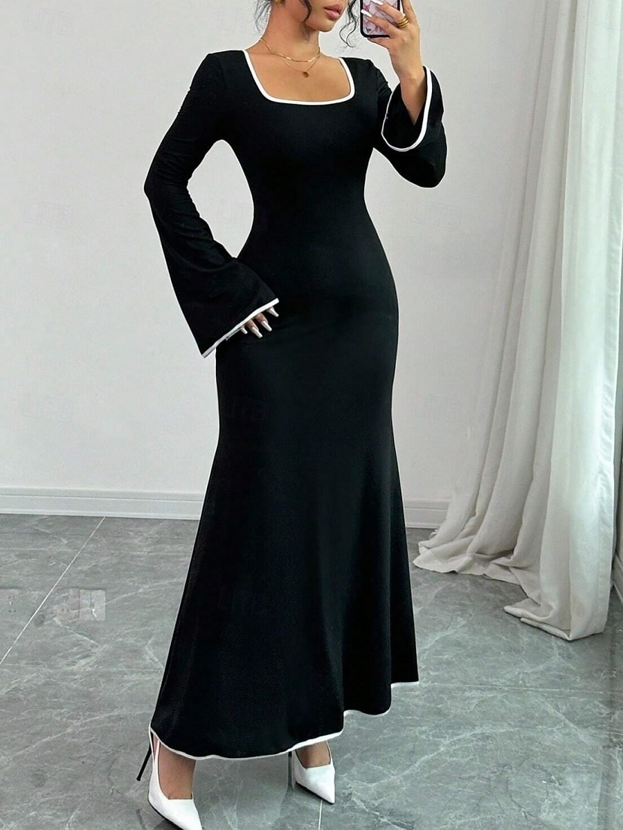 Per donna Abito maxi Tubino Casual Quotidiano Vestibilità regolare Semplice Manica Lunga Collo a U Nero Primavera Autunno Inverno del 2025 a $15.49 –P6