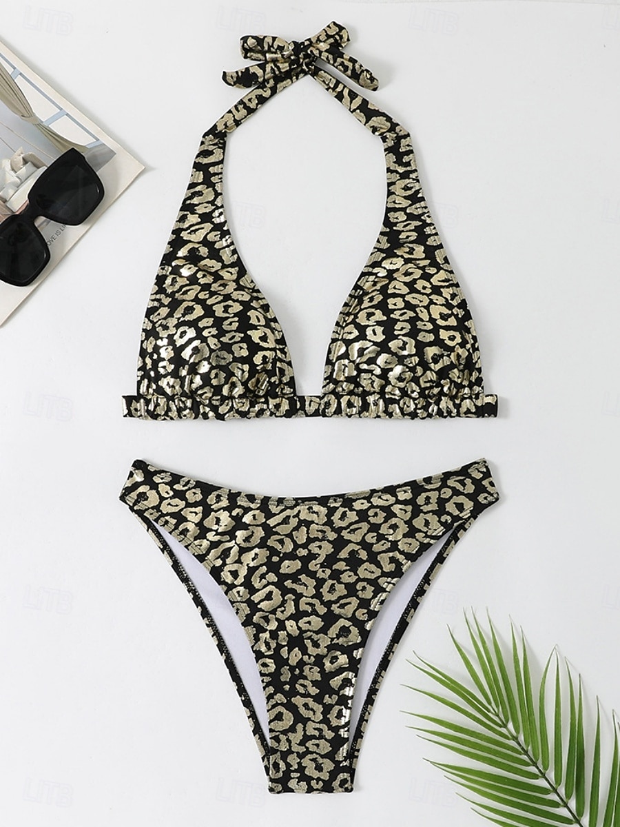 Kostium kąpielowy bikini damski 2-częściowy z leopardem seksowny slim bez pleców wakacyjny strój plażowy dekolt halter bez rękawów 2026 - $22.99 –P4