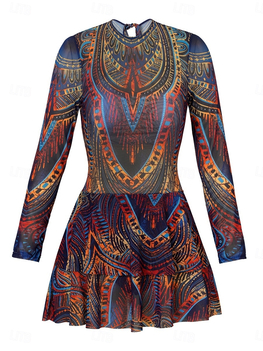 بيكيني نسائي قطعة واحدة ملابس السباحة مع تنورة فستان بوهيمي للتحكم في البطن خصر عالي أنيق بلا ظهر إجازة ملابس الشاطئ رسومات هندسية عنق دائري بلا أكمام وأكمام طويلة 2026 - $48.99 –P4