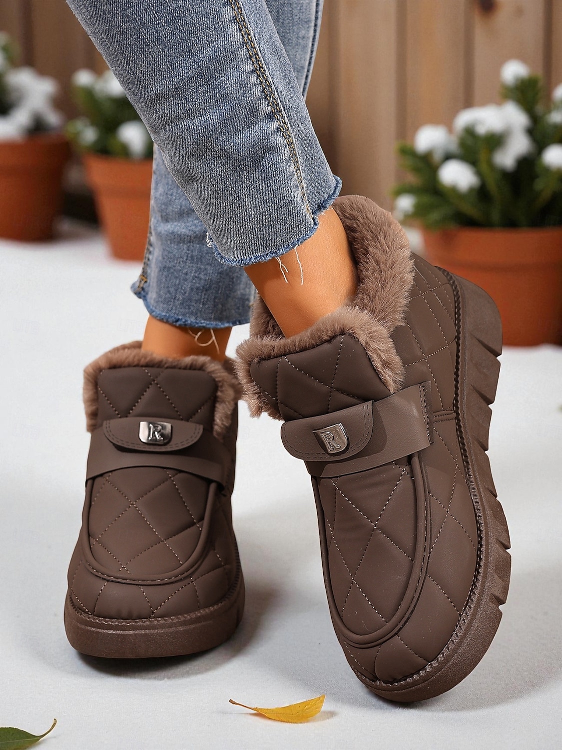 damkaffefärgade quiltade vinterkorta stövlar – varma slip-on pufferstövlar med foder i fuskpäls och rem för utomhusbruk i snö och vardagsbruk 2026 - $29.99 –P4