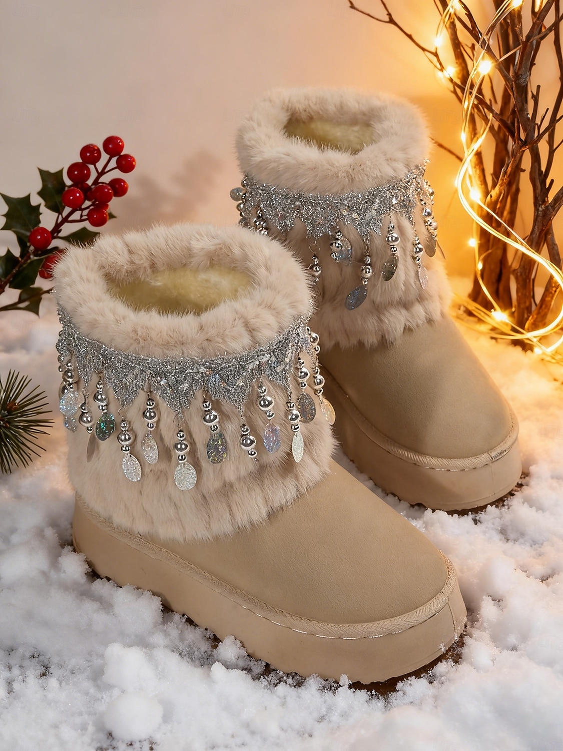 Women's Beige Faux Fur Snow Boots with Rhinestone Tassel Fringe – Warm Platform Ankle Booties for Winter Parties, Christmas & Holiday Fashion 2026 - $42.99 –P4