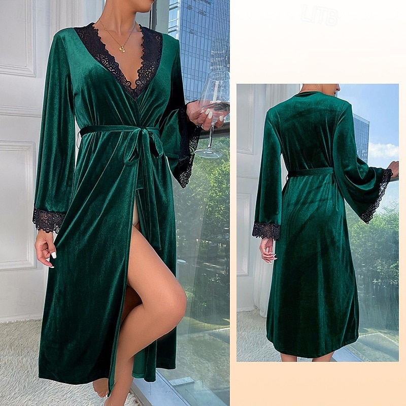 Damen Robe Lässig Komfort Einfarbig Schnürung Heim Täglich Langarm V Ausschnitt Blau Wein Grün Sommer Frühling Herbst Winter Normale Passform 2026 - $34.99 –P4