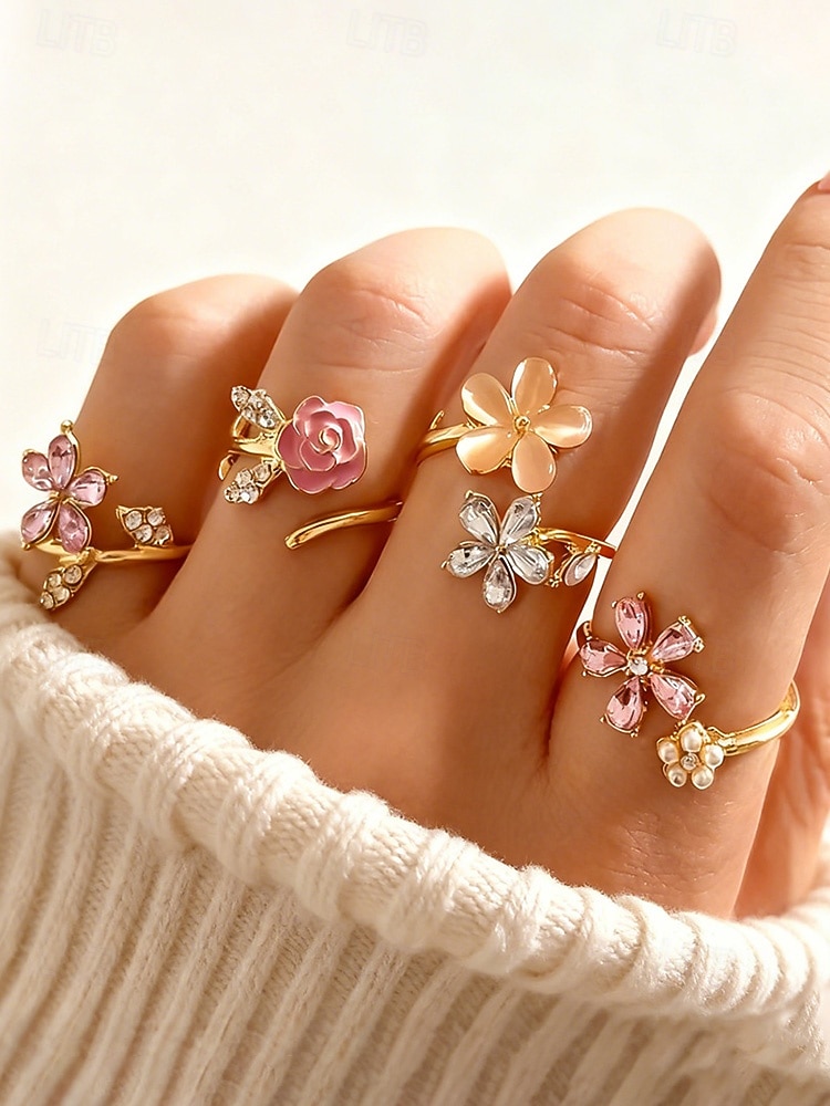Sett med blomsterringer i legering til dame – elegant design med rosa og klare krystaller, perfekt for både uformelle og formelle anledninger 2026 - $4.99 –P1